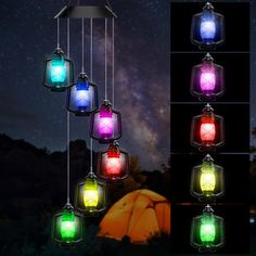 several different colored lanterns hanging from strings