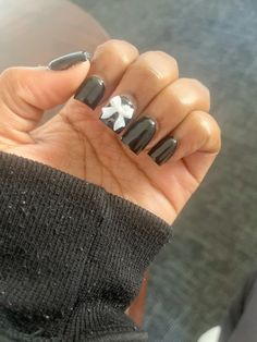 #bows Black And White Nails Birthday, Black Nails Inspo Short, Acrylic Nails Square Black, Black Acrylic Nails With Design, I Love Me Nails Design, Black French Tip With Bow, All Black Nails With Design, Black Nails With Bow, Nails With Initials On Them