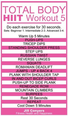 a pink and white poster with the words total body hit workout 5