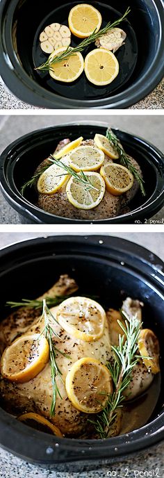 the process of cooking chicken with lemons, rosemary and garlic in a slow cooker