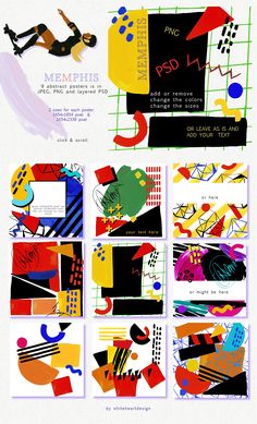 an image of abstract art collages with different colors and shapes on them, including lines