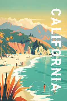 an image of a beach scene with palm trees and mountains in the background that says california