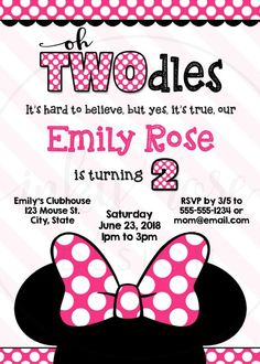 minnie mouse birthday party invitation with pink polka dots and black bow on the front,