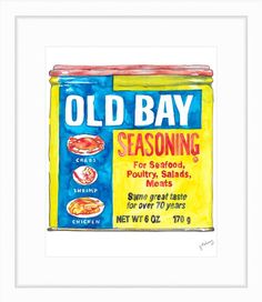 an old bay seasoning can is shown in this watercolor painting by artist mark stewart