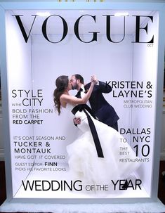 a bride and groom kissing in front of a magazine cover for the wedding of the year