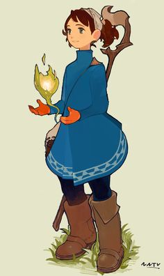 a woman in blue dress holding an orange flower and a small bird on her arm