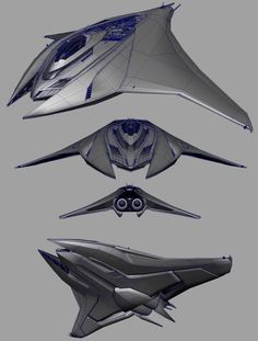 three different views of a futuristic fighter jet