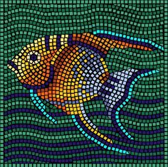 a painting of a fish in the water with green and blue tiles on it's sides