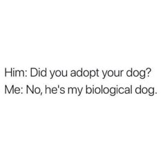 the text reads him did you adopt your dog? me no, he's my biological dog