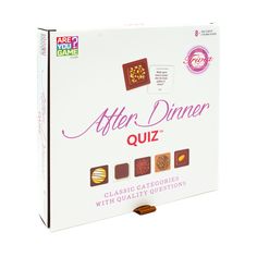 the after dinner quiz box is open and has four different candies on top of it