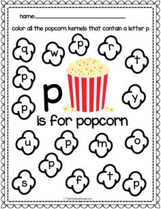 the letter p is for popcorn worksheet with black and white letters on it