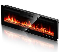 an electric fireplace is shown with flames in the back and side panels on each side