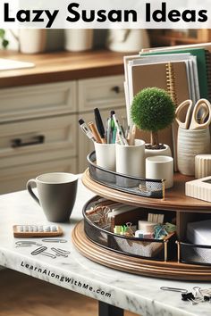 the lazy susan desk organizer is organized with pens, pencils and other office supplies