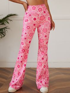 Pink Casual Collar  Polyester Floral,All Over Print Flare Leg Embellished Slight Stretch Spring/Summer/Fall Women Bottoms Bell Bottom Trousers, Printed Flare Pants, High Waist Yoga Pants, Printed Wide Leg Pants, Rave Festival, High Waist Fashion, Flare Leg Pants, Bell Bottom Pants, Bell Bottom