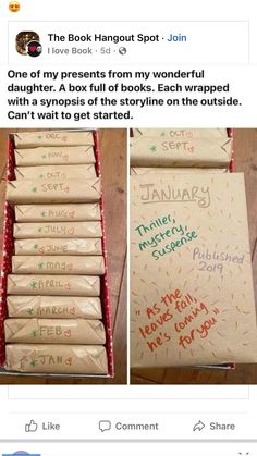 a box filled with lots of chocolate covered in writing