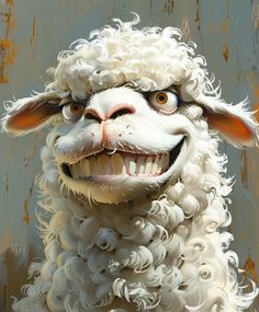 a painting of a white sheep with curly hair and big eyes, smiling at the camera