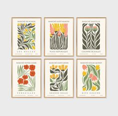 four different types of flowers are shown in this set of six art printables