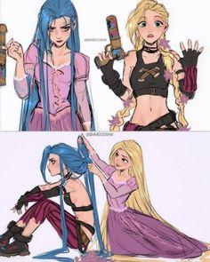 Simple Character Outfits, Jinx And Rapunzel, Jinx Rapunzel, Funny Art Base, Question And Huntress, Jinx Hairstyle, Hear Me Out Characters Female, Pose Reference Dynamic, Mlp Genderbend