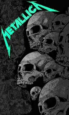 a bunch of skulls that are sitting in front of a black and green background with the word metallic on it