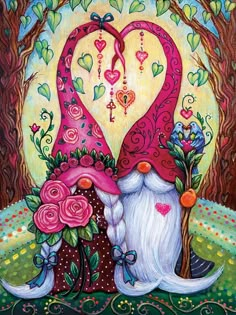 a painting of two gnomes in the woods with flowers and hearts on their heads