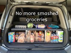 the back end of a car with food in it and an open trunk filled with groceries