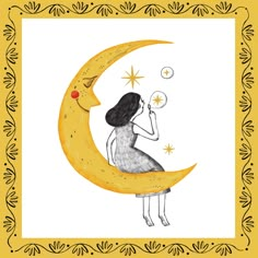 a drawing of a woman sitting on the moon with stars in her hand and blowing bubbles