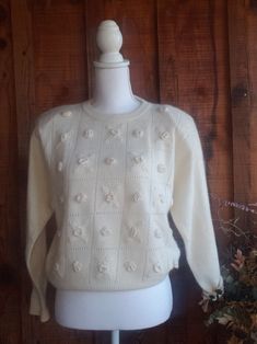 Vintage 1950s Japanese nylon knit Sweater with floral embellishments  Size Medium Excellent condition, almost mint small shoulder pads Need to wear a cami under it as it has open stitching as part of the design 1950s Sweater Outfit, Vintage Cream Sweater With Floral Embroidery, American Advertising, 1950s Sweater, Vintage Newspaper, Pullover Outfit, Womens Sweaters, Yellow Polka Dot, Sweater Fits