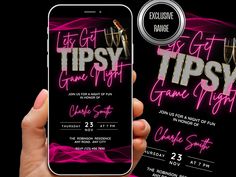 a person holding up an iphone with the text tipsy on it in neon pink