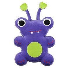 a purple and green stuffed animal with big eyes