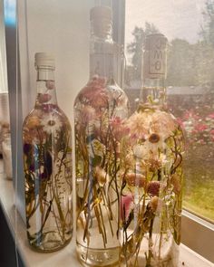 three bottles with flowers in them sitting on a window sill next to each other