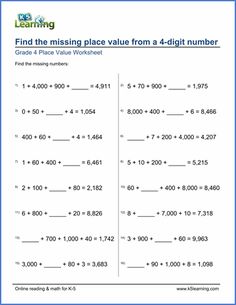 the missing place value from a 4 digit number worksheet