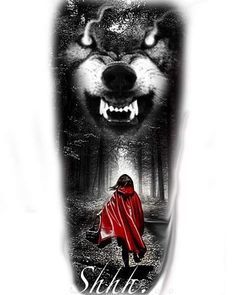 a woman in a red cloak walking through the woods with a wolf on her arm