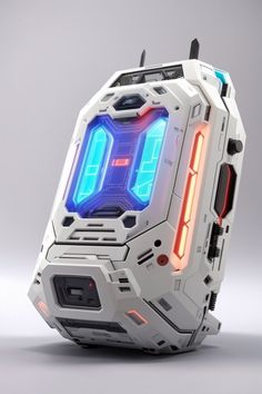 a futuristic looking clock with blue and red lights on it's face, sitting in front of a gray background