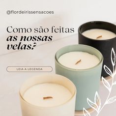 three candles sitting next to each other on top of a white table with the words, como sa fetas as mossas velas?