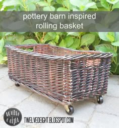 a basket sitting on top of a stone floor next to green plants with text overlay reading pottery barn inspired rolling basket