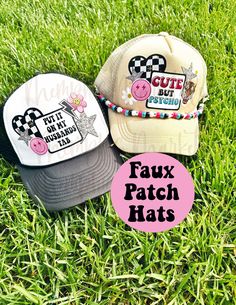 PLEASE READ DESCRIPTION: This adorable FAUX PATCH trucker hat is so fun and perfect for all those summer adventures. These fabulous hats have printed fronts made to look like real patches.  We offer these printed designs as a less $$ option so that everyone can enjoy this popular trucker hat trend! **Front design is PRINTED to look like patches. These are FAUX PATCH hats. **Our hat chains/beaded charms are sold in a separate listing. https://thememphismarketco.etsy.com/listing/1549277891 **We do Beach Trucker Hats For Women, Trucker Hats For Women, Trucker Hat Ideas, Diy Hats, Hat Bar, Patch Hats, Custom Trucker Hats, Bachelorette Party Favor, Beaded Charms