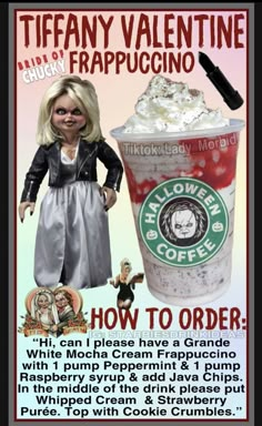 a poster with an image of a doll next to a cup of coffee