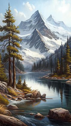 a painting of a mountain lake surrounded by pine trees