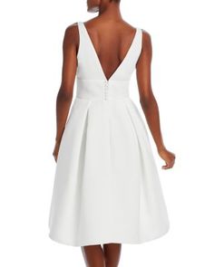 Amsale Faille V-Neck Fit-and-Flare Dress A-line Midi Dress With Pleated Back For Wedding, Formal Fit And Flare A-line V-neck Dress, Formal A-line Fit And Flare V-neck Dress, Fit And Flare Dress, Fit Flare Dress, Fit & Flare, Silk Dress, Flare Dress, Fit And Flare