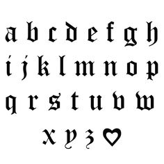 an old english alphabet with hearts on the bottom and lower letters in black ink,