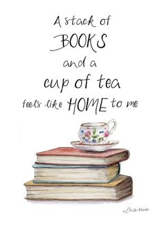 a stack of books and a cup of tea are sitting on top of each other