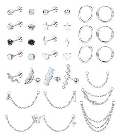 several pairs of earrings and chains are shown in this image, all with different designs