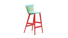 a red and green stool with a white seat on the backrest, against a white background