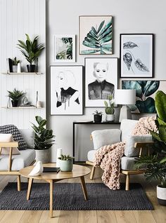 two photos side by side, one with plants and the other with pictures on the wall