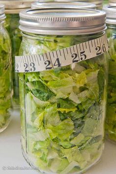 several mason jars filled with lettuce and measuring tape