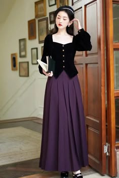 Step into the world of Dark Academia with this luxurious vintage dress set. Sophisticated and timeless, it comes complete with a black velvet top and a long pleated purple skirt. Perfect for formal occasions, this 2-piece set will give you an aura of elegant dark academia sophistication. Skirt size S Waist: 64cm Hips: 84cm Length: 95cm Top size S Bust: 88cm Waist: 70cm Length: 42cm Skirt size M Waist: 68cm Hips: 88cm Length: 96cm; top size M Bust: 92cm Waist: 74cm Length: 43cm Skirt size L Waist Dark Academia Royalty Core Outfits, Dark Princesscore Outfits, Dark Academia Outfit Purple, Formal Purple Outfit, Purple Dark Academia Outfit, Long Purple Skirt Outfit, Purple Academia Outfit, Vintage Dark Academia Outfit, Purple Dark Academia