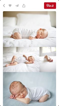 a baby laying on top of a white bed next to pillows and pillowcases