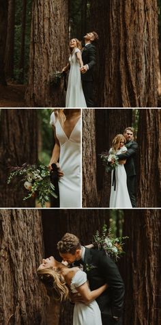 a bride and groom standing in the middle of a forest with their arms around each other