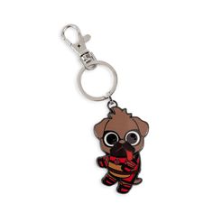 a keychain with a cartoon character wearing a red and black striped outfit on it