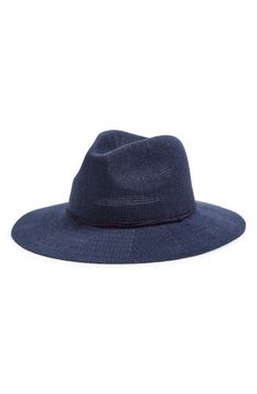 Fresh cotton designed to mimic the texture of intricately woven raffia brings transitional charm to your look in this Panama hat. 100% cotton Hand wash, dry flat Imported Lightweight Casual Fedora Hat, Chic Cotton Hat With Curved Brim, Casual Cotton Straw Hat With Curved Brim, Chic Wide Brim Cotton Hat, Chic Adjustable Cotton Hat, Casual Panama Hat For Fall Beach Outings, Chic Cotton Beach Hat, Adjustable Brimmed Panama Hat With Upf 50+, Navy Flat Brim Cotton Hat